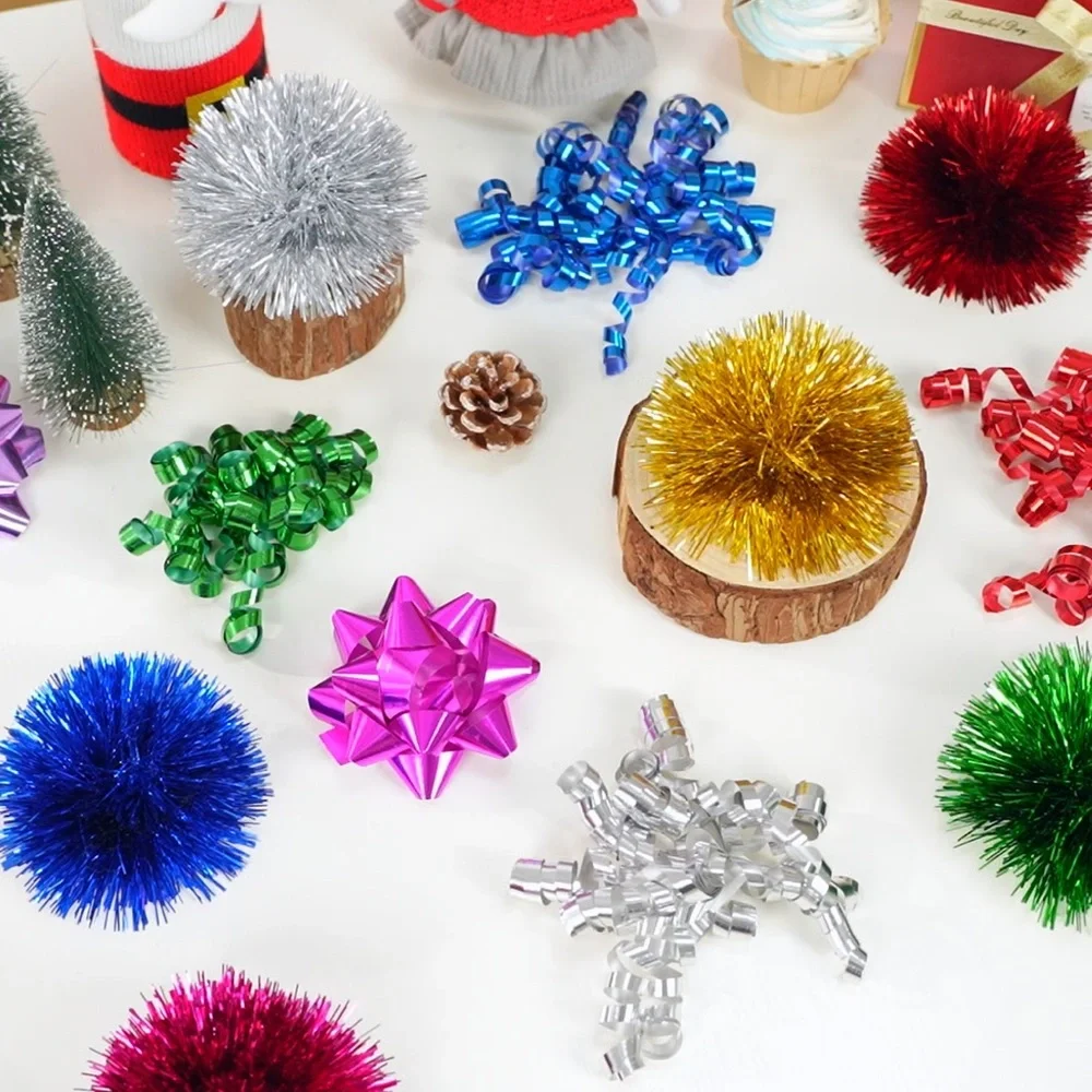 4 Red Metallic Pom Pom Bows for Party Gift Wrap